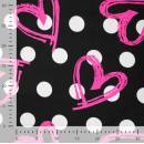 French Terry in schwarz mit weißen Punkten und Herzen in Neonpink