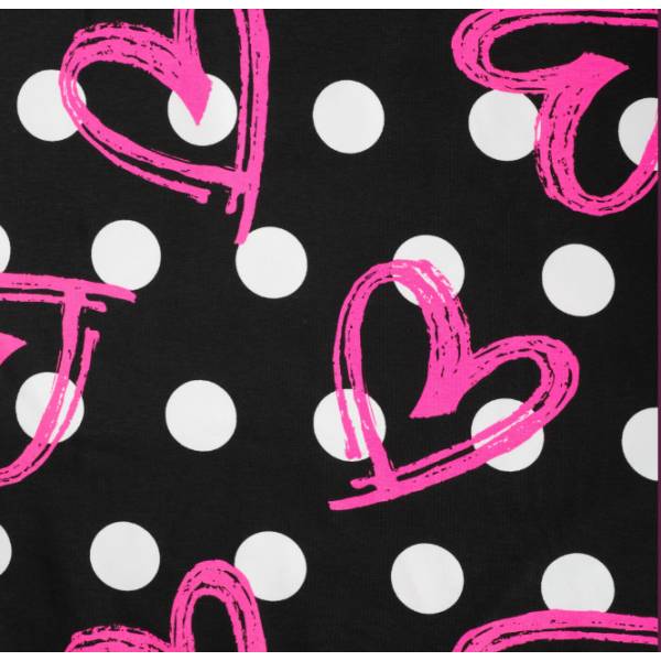 French Terry in schwarz mit weißen Punkten und Herzen in Neonpink