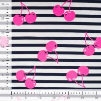 French Terry in schwarz weißen Streifen und Kirschen in Neonpink