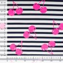 French Terry in schwarz weißen Streifen und Kirschen in Neonpink