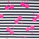 French Terry in schwarz weißen Streifen und Kirschen in Neonpink
